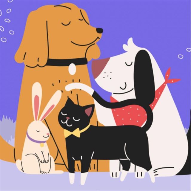 Illustration of a dog, a cat, a bunny and a pup snuggled together